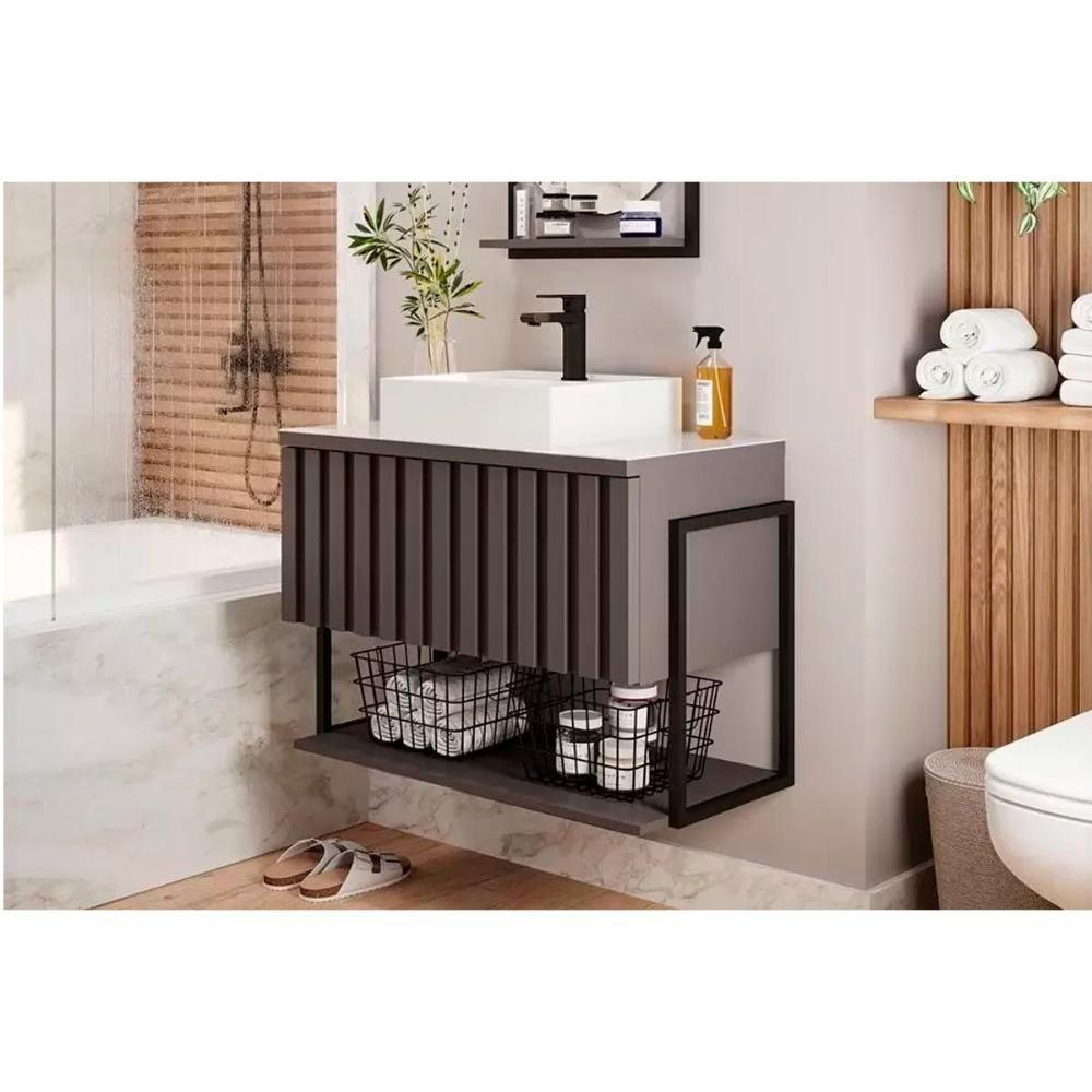 Conjunto De Banheiro Suspenso Frisê Havaí Ripado 1pta C-cuba E Tampo Vidro 80 Cm Titanium Mgm - 1