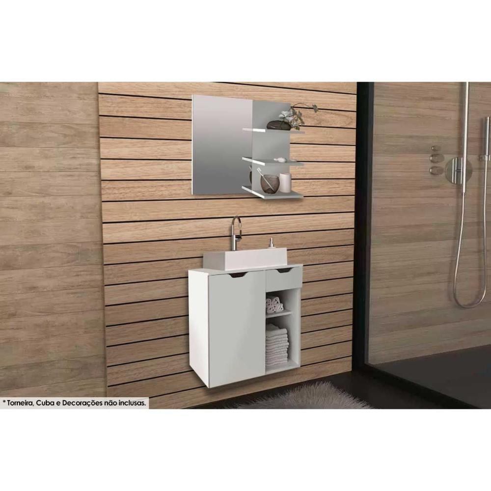 Conjunto de Banheiro Armário c/ Espelho BN3608 e Balcão Suspenso BN3605 s/ Cuba Pia 60cm cor Branco - Tecno Mobili - 1