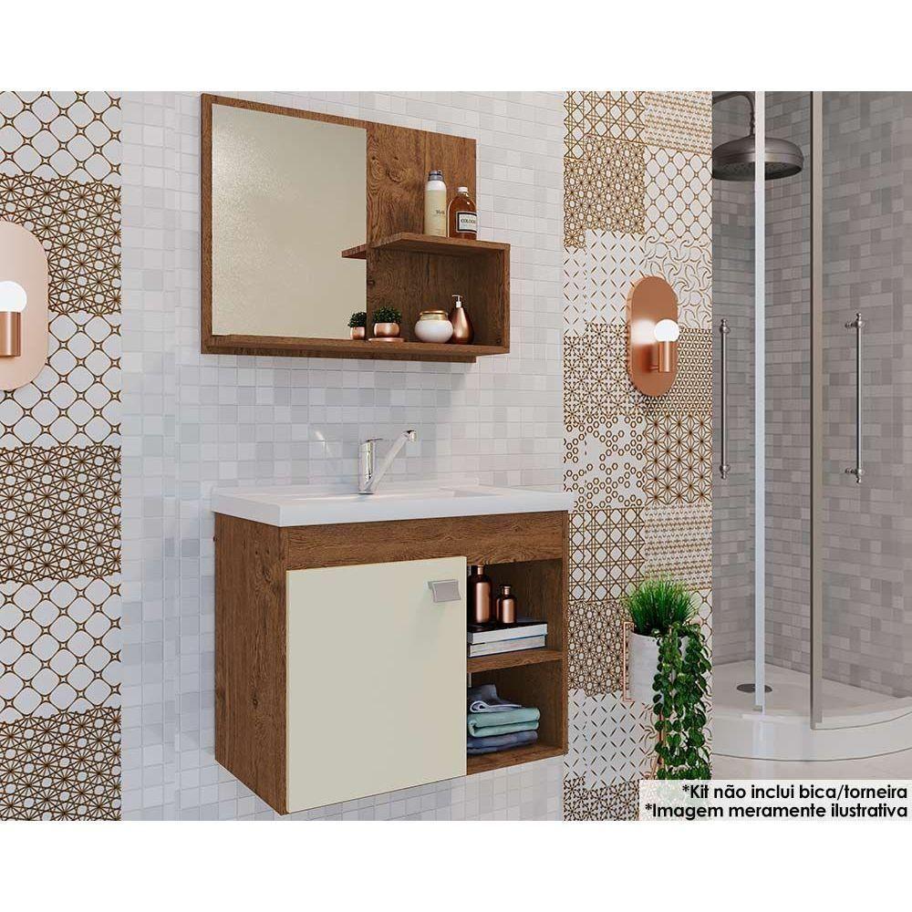 Balcão p/ Banheiro Suspenso Lótus Bia 1Pta e 2Nichos +Armário Espelheira +Bancada Pia 55cm cor Amendoa/Off White - MGM - 1
