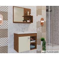 Balcão p/ Banheiro Suspenso Lótus Bia 1Pta e 2Nichos +Armário Espelheira +Bancada Pia 55cm cor Amendoa/Off White - MGM - 1