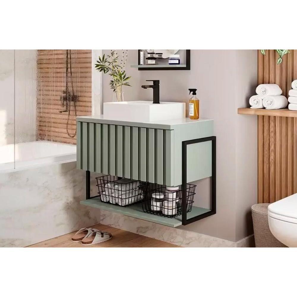 Balcão P- Banheiro Suspenso Frisê Havaí Ripado 1pta C-cuba E Tampo Vidro 80 Cm Pistache Mgm - 1