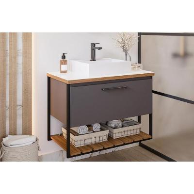 Balcão P- Banheiro Suspenso Vitta-caribe 1pta Basculante C-cuba E Tampo Vidro 80 Cm Cor Titanium Mgm