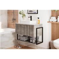 Balcão P- Banheiro Suspenso Frisê Havaí Ripado 1pta C-cuba E Tampo Vidro 60 Cm Cimento Mgm - 1