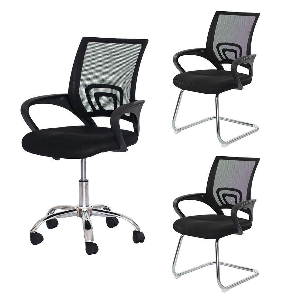 Kit Cadeiras De Escritório, 1 Cadeira Tela Mesh Com Base Giratória + 2 Cadeiras Tela Mesh Base Fixa - 1