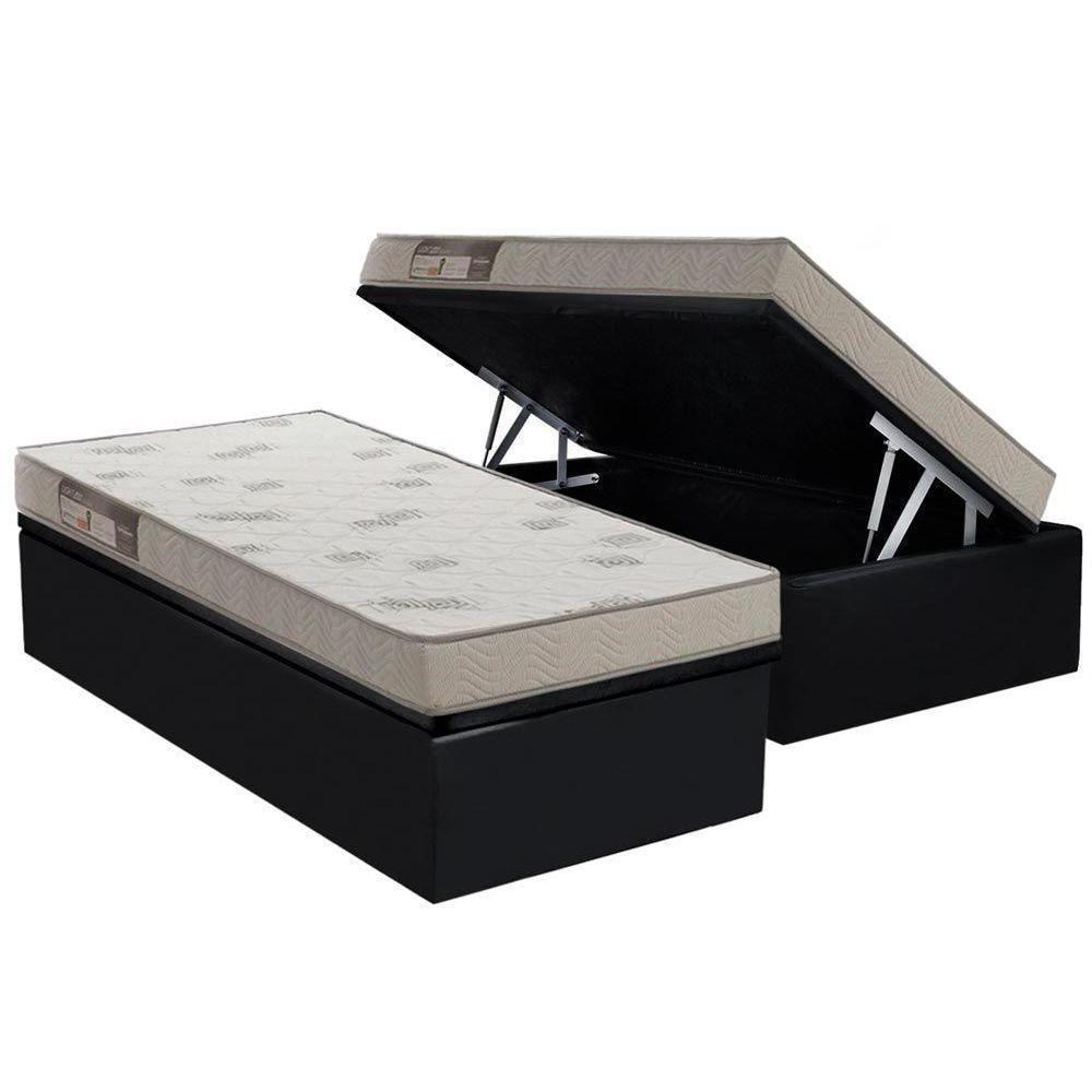 Cama Box Baú Solteiro: Colchão Espuma Ortobom D23 Light Saúde + Base CRC Courano Black(88x188) - 1