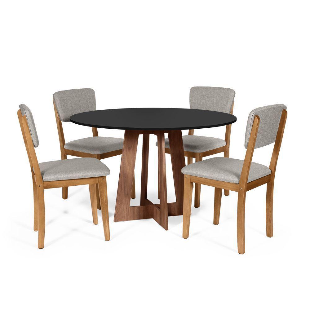 Mesa De Jantar Redonda Montreal Pret/nor Com 4 Cadeiras Estofadas Ella Cinza Claro - 1