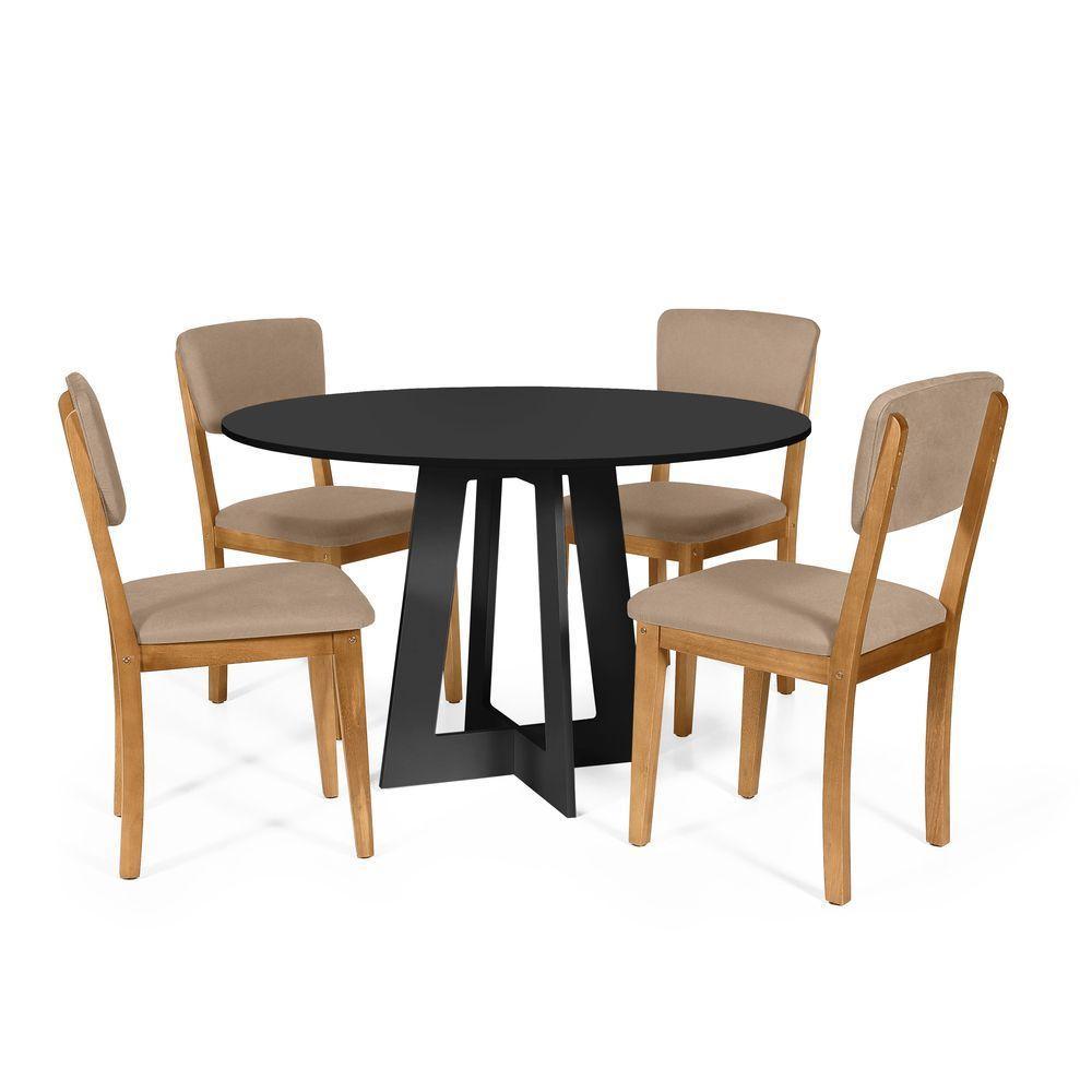 Mesa De Jantar Redonda Montreal Preta Com 4 Cadeiras Estofadas Ella Marrom Claro - 1