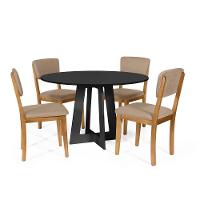 Mesa De Jantar Redonda Montreal Preta Com 4 Cadeiras Estofadas Ella Marrom Claro - 1
