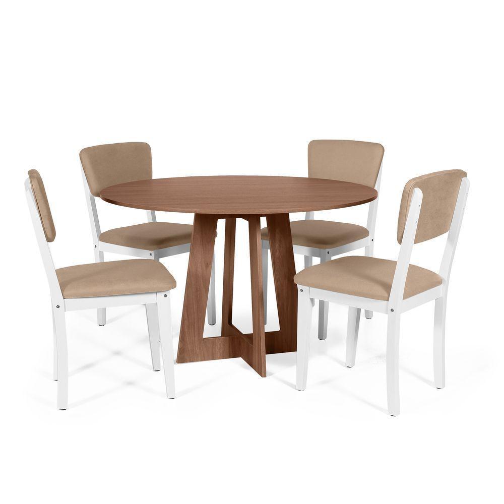 Mesa De Jantar Redonda Montreal Noronha Com 4 Cadeiras Estofadas Ella Branco/marrom Claro - 1