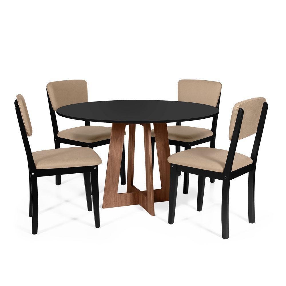 Mesa De Jantar Redonda Montreal Pret/nor Com 4 Cadeiras Estofadas Ella Preto/bege - 1