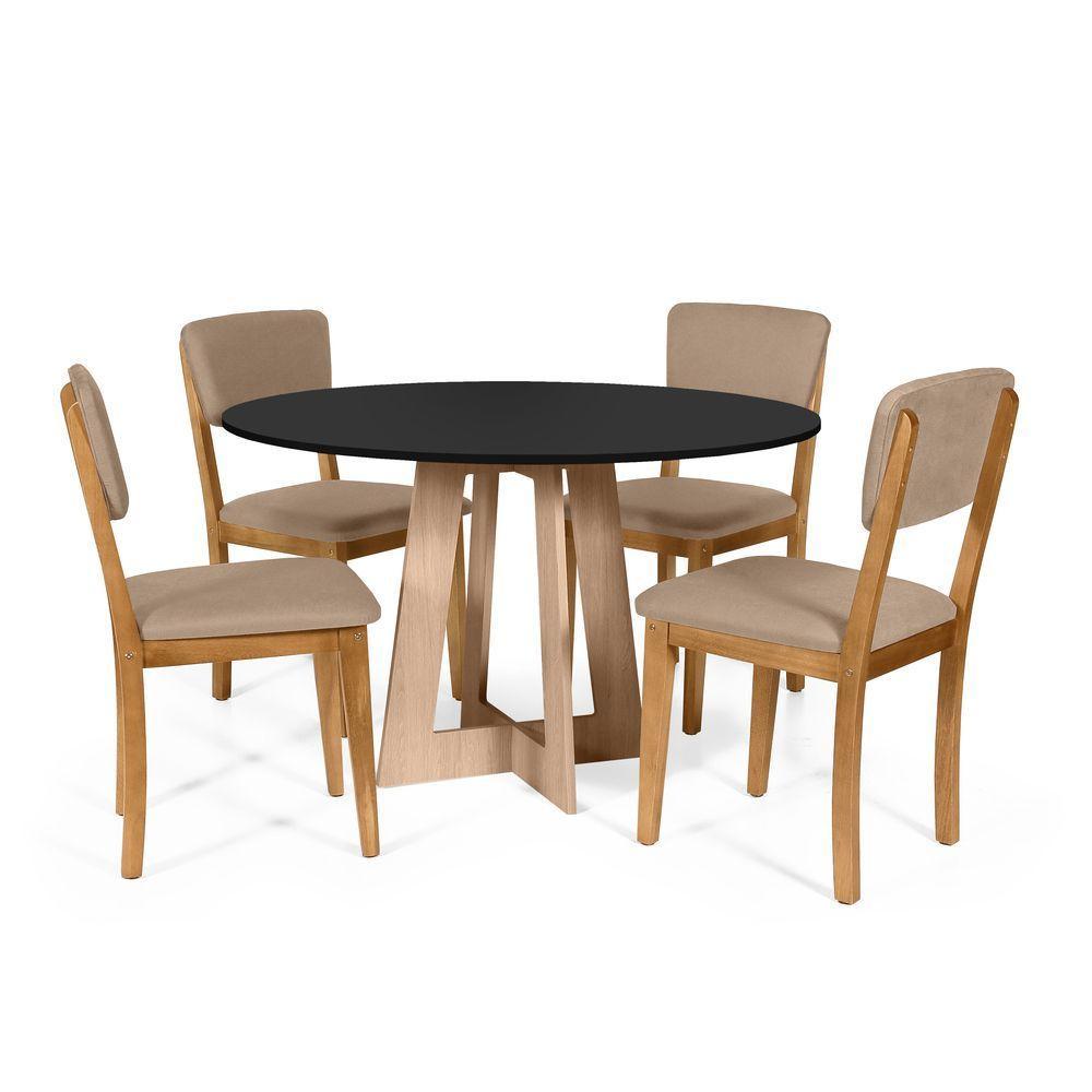 Mesa De Jantar Redonda Montreal Pret/jade Com 4 Cadeiras Estofadas Ella Marrom Claro - 1