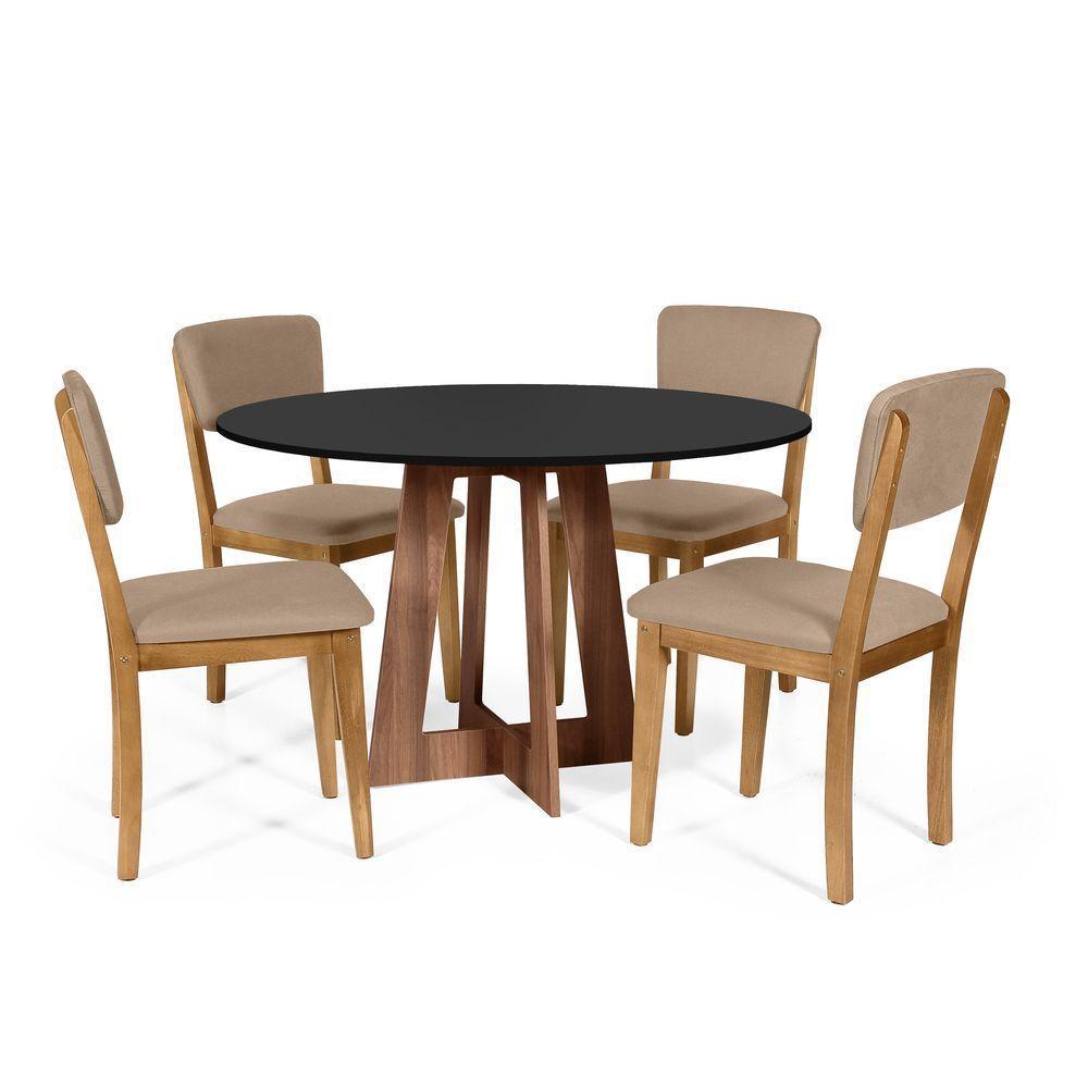 Mesa De Jantar Redonda Montreal Pret/nor Com 4 Cadeiras Estofadas Ella Marrom Claro - 1