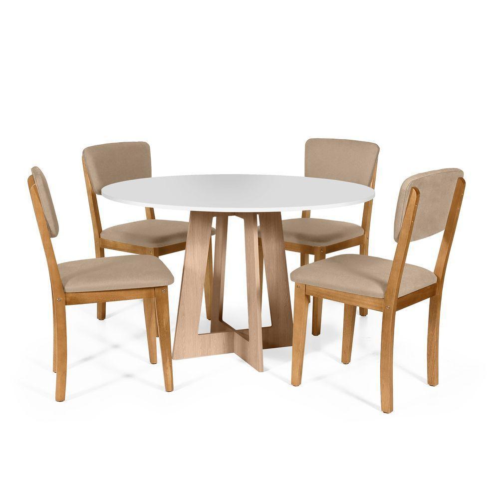 Mesa De Jantar Redonda Montreal Bran/jade Com 4 Cadeiras Estofadas Ella Bege - 1