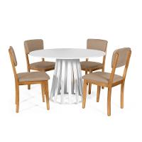 Mesa De Jantar Redonda Gabi Branca Com 4 Cadeiras Estofadas Ella Marrom Claro - 1