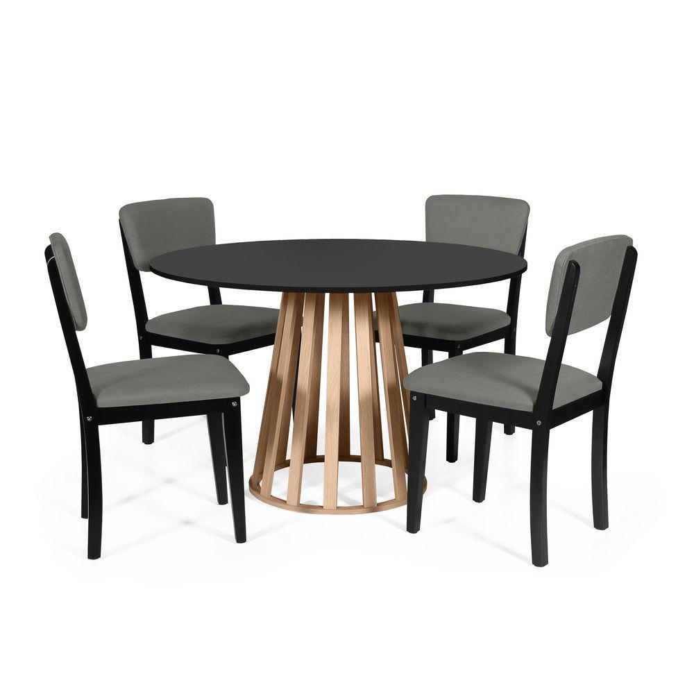Mesa De Jantar Redonda Gabi Pret/jade Com 4 Cadeiras Estofadas Ella Preto/cinza - 1
