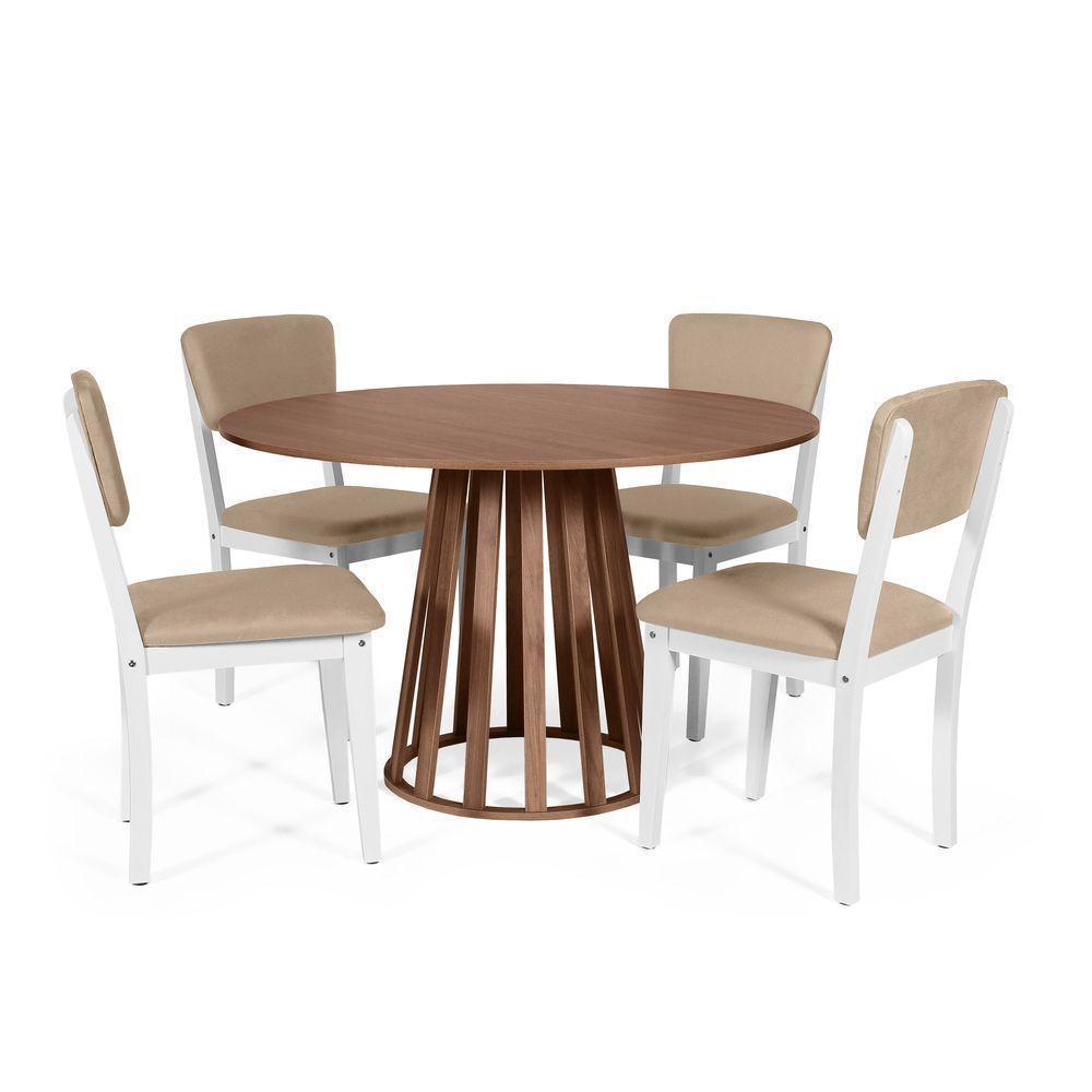 Mesa De Jantar Redonda Gabi Noronha Com 4 Cadeiras Estofadas Ella Branco/bege - 1