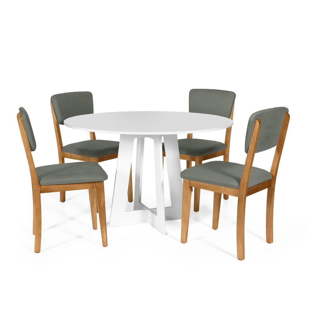 Mesa De Jantar Redonda Montreal Branca Com 4 Cadeiras Estofadas Ella Cinza - 1