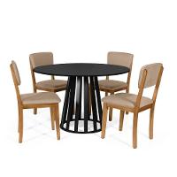Mesa De Jantar Redonda Gabi Preta Com 4 Cadeiras Estofadas Ella Marrom Claro - 1