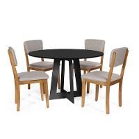 Mesa De Jantar Redonda Montreal Preta Com 4 Cadeiras Estofadas Ella Cinza Claro - 1