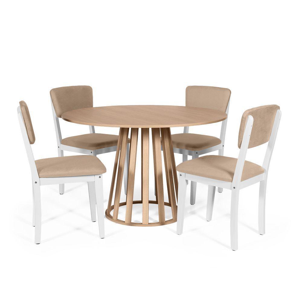 Mesa De Jantar Redonda Gabi Jade Com 4 Cadeiras Estofadas Ella Branco/bege - 1