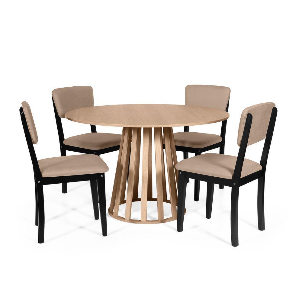 Mesa De Jantar Redonda Gabi Jade Com 4 Cadeiras Estofadas Ella Preto/marrom Claro - 1