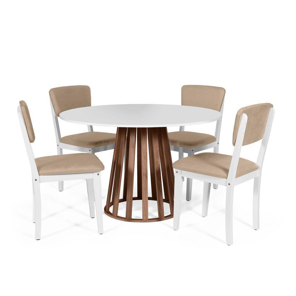 Mesa De Jantar Redonda Gabi Bran/nor Com 4 Cadeiras Estofadas Ella Branco/bege - 1