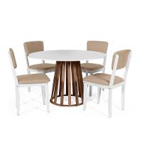 Mesa De Jantar Redonda Gabi Bran/nor Com 4 Cadeiras Estofadas Ella Branco/bege - 1