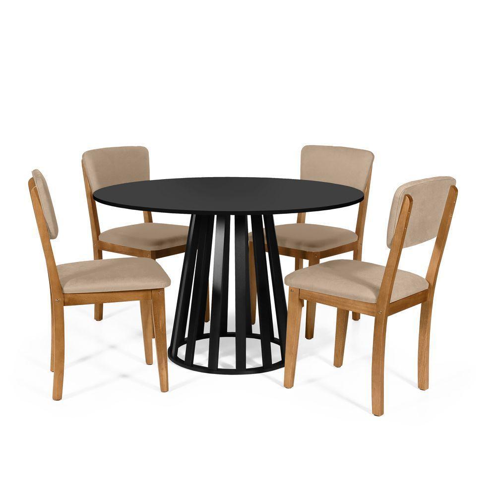 Mesa De Jantar Redonda Gabi Preta Com 4 Cadeiras Estofadas Ella Bege - 1