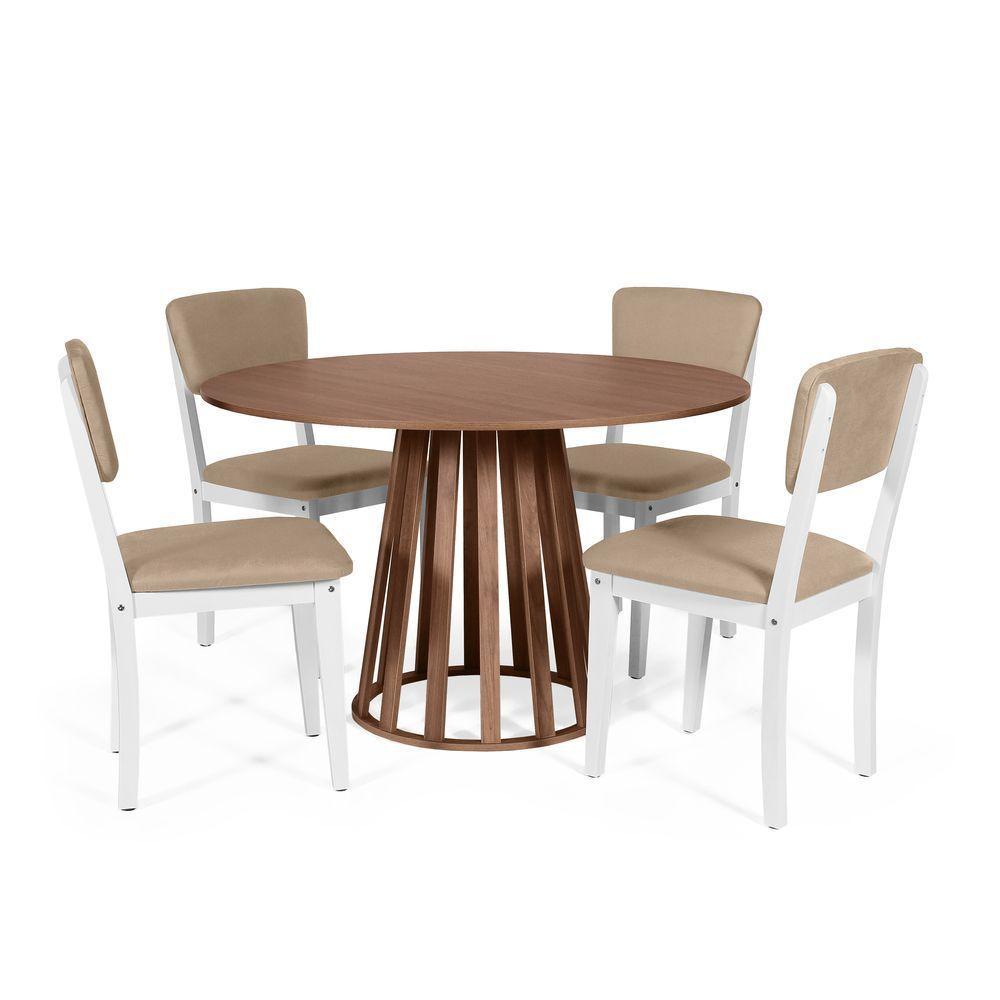 Mesa De Jantar Redonda Gabi Noronha Com 4 Cadeiras Estofadas Ella Branco/marrom Claro - 1