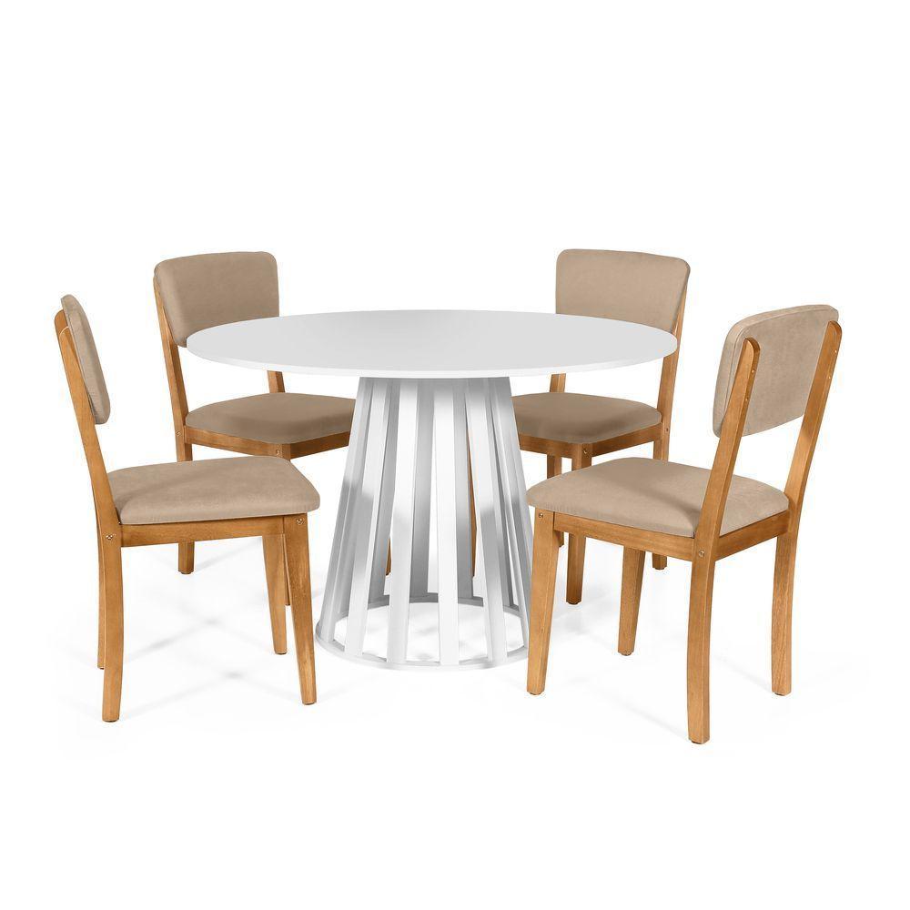 Mesa De Jantar Redonda Gabi Branca Com 4 Cadeiras Estofadas Ella Bege - 1
