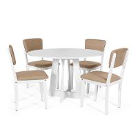 Mesa De Jantar Redonda Montreal Branca Com 4 Cadeiras Estofadas Ella Branco/marrom Claro - 1