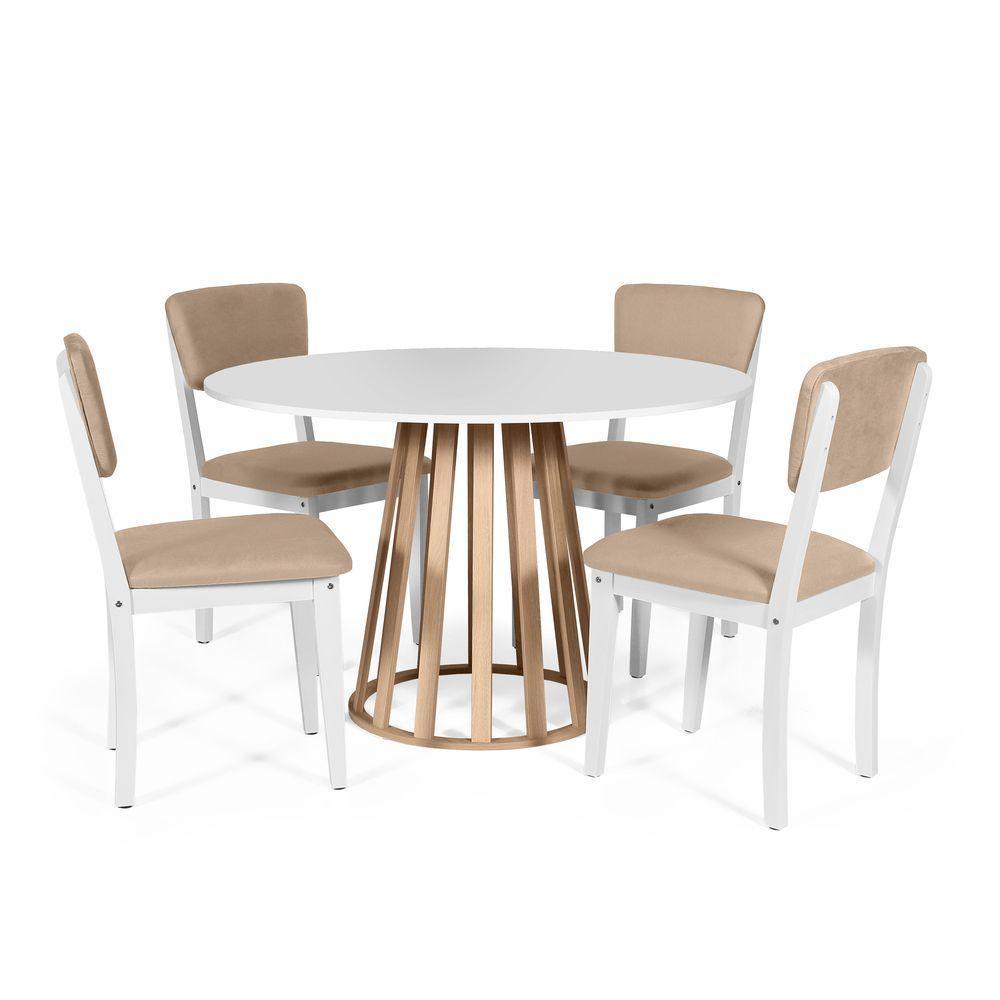 Mesa De Jantar Redonda Gabi Bran/jade Com 4 Cadeiras Estofadas Ella Branco/bege - 1