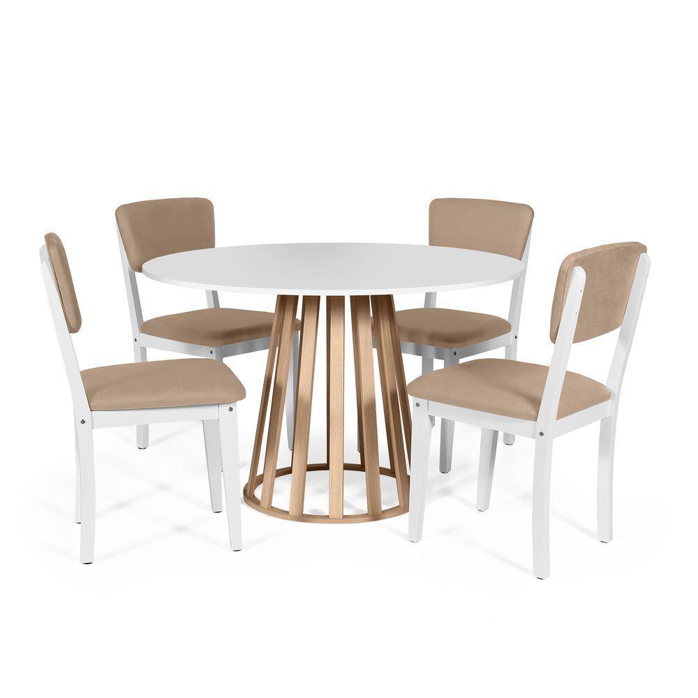 Mesa De Jantar Redonda Gabi Bran/jade Com 4 Cadeiras Estofadas Ella Branco/marrom Claro - 1