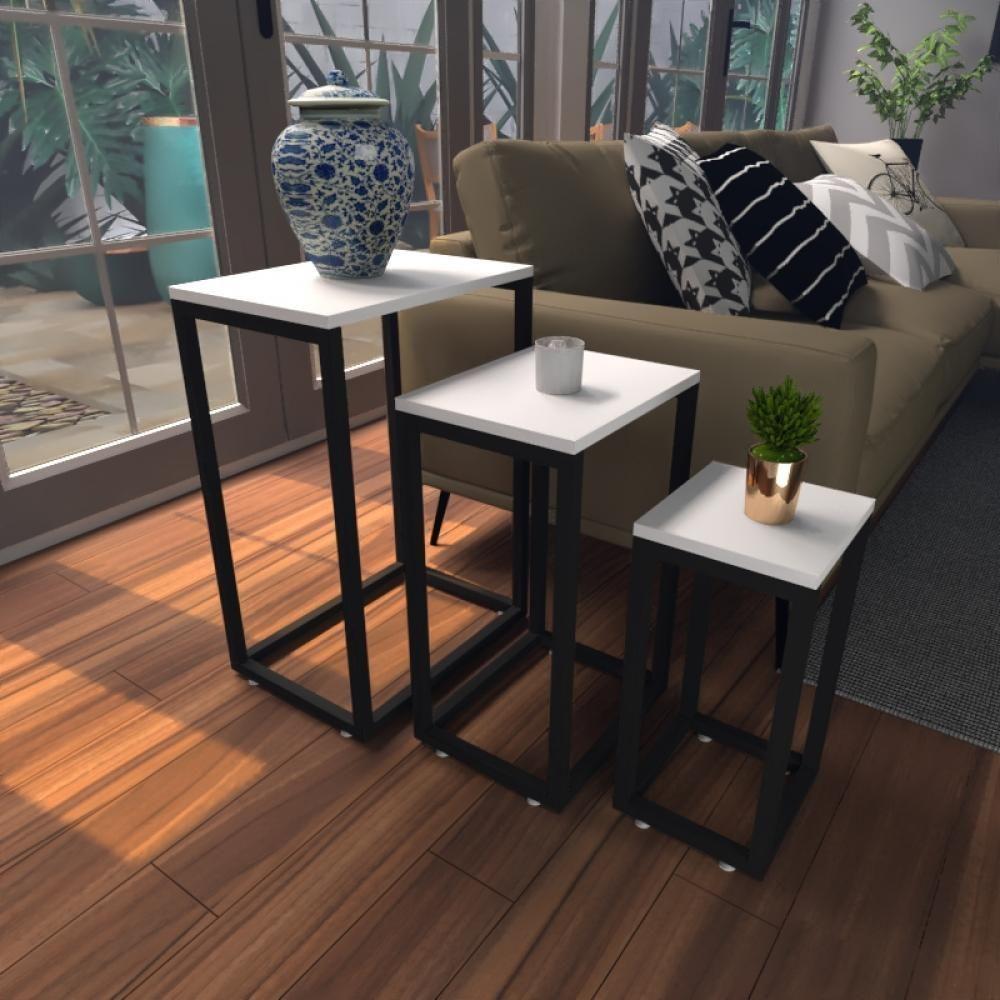 Kit Com 3 Mesa Lateral Branca Aparador De Sofa Sala Mesa Lateral Cama - 1