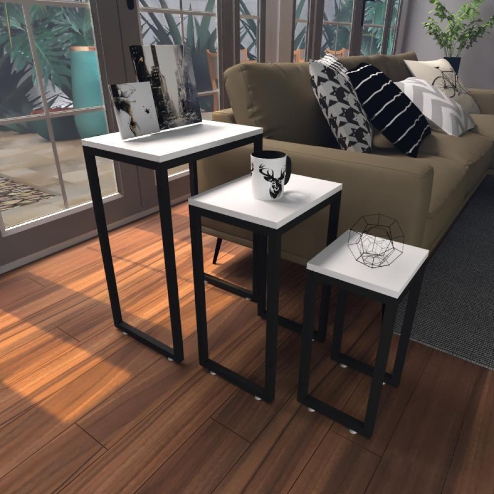 Kit Com 3 Mesa Lateral Branca Aparador De Sofa Sala Mesa Lateral Cama - 1