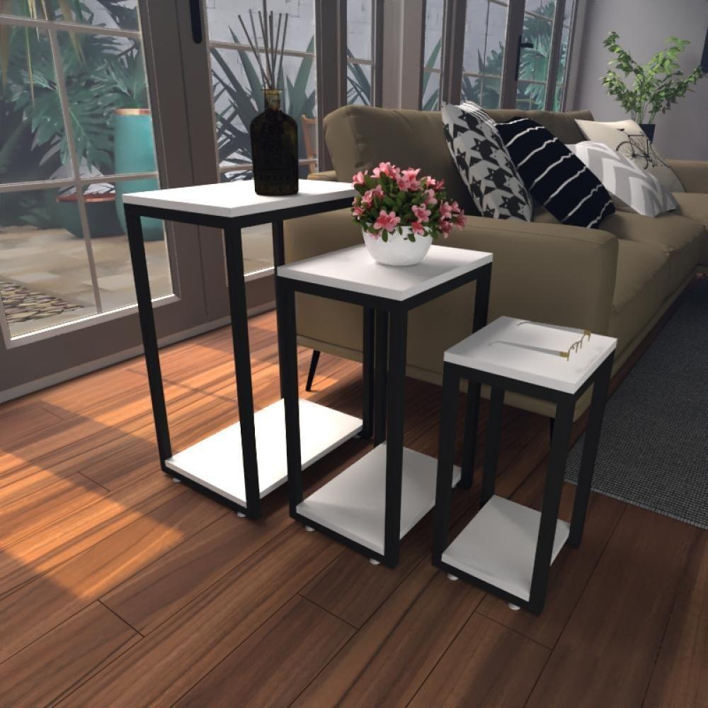 Kit Com 3 Mesa Lateral Branca Aparador De Sofa Sala Mesa Lateral Cama - 1