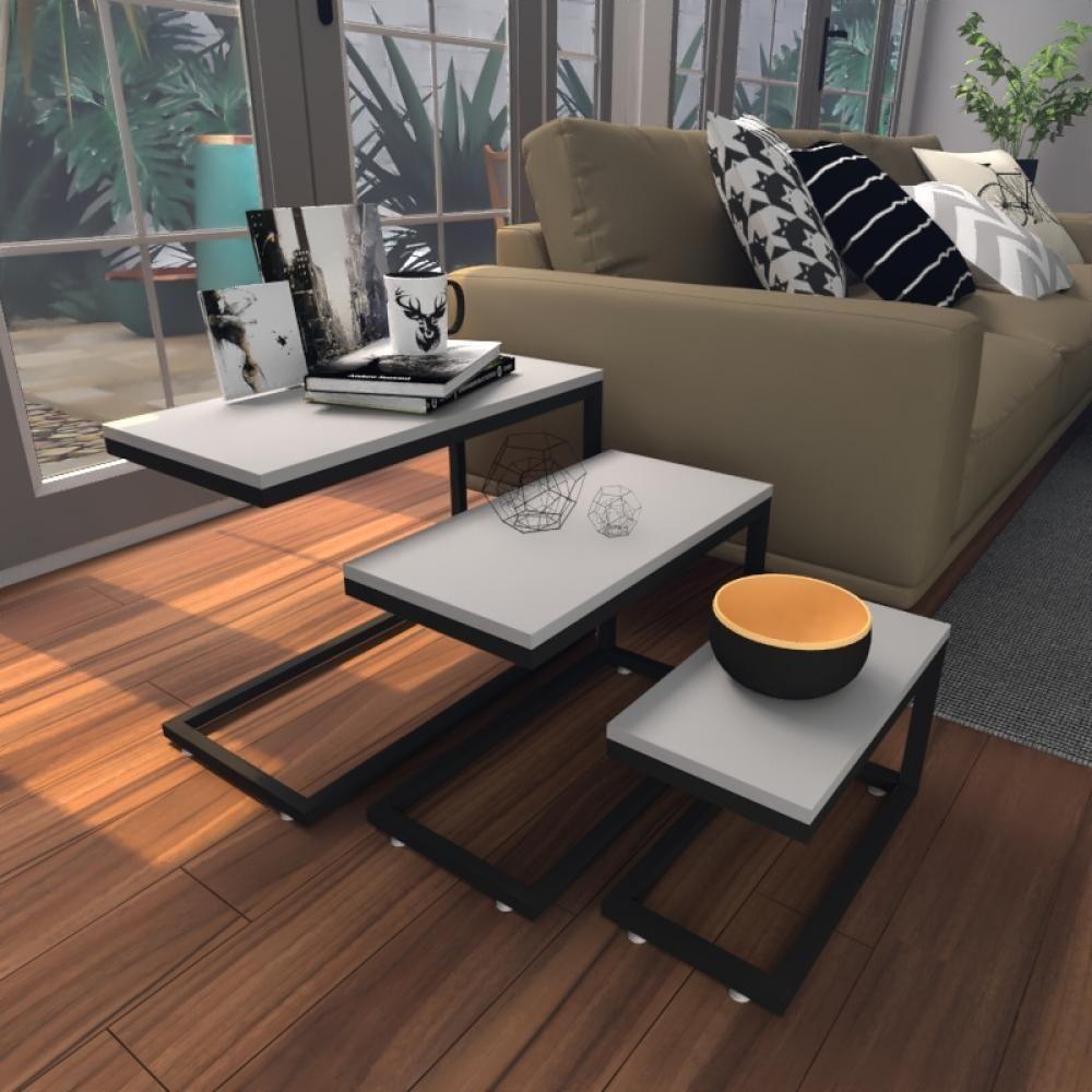 Kit Com 3 Mesa Lateral Cinza Aparador De Sofa Sala Mesa Lateral Cama - 1