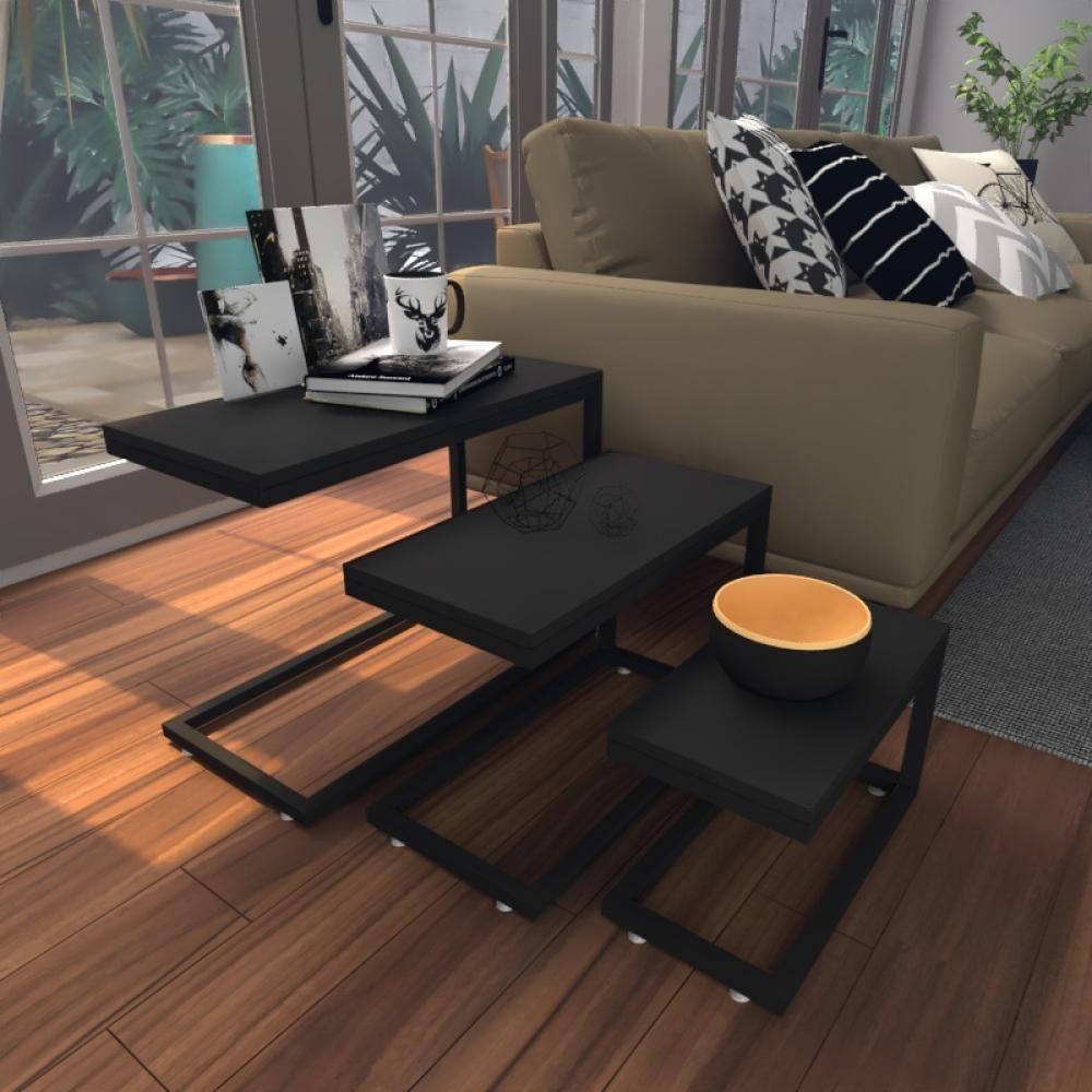 Kit Com 3 Mesa Lateral Preta Aparador De Sofa Sala Mesa Lateral Cama - 1