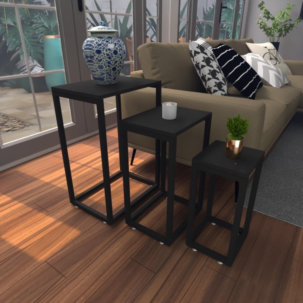 Kit Com 3 Mesa Lateral Preta Aparador De Sofa Sala Mesa Lateral Cama - 1