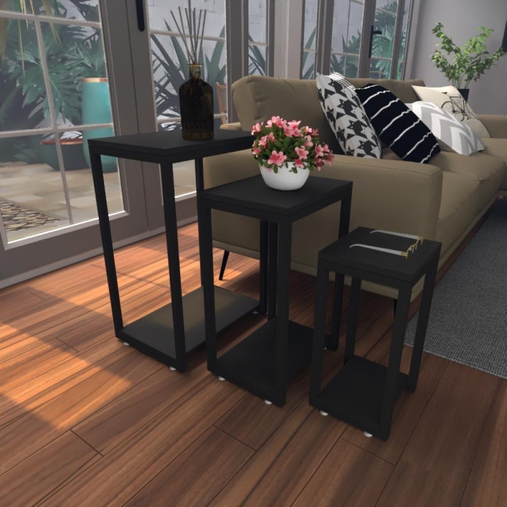 Kit Com 3 Mesa Lateral Preta Aparador De Sofa Sala Mesa Lateral Cama - 1