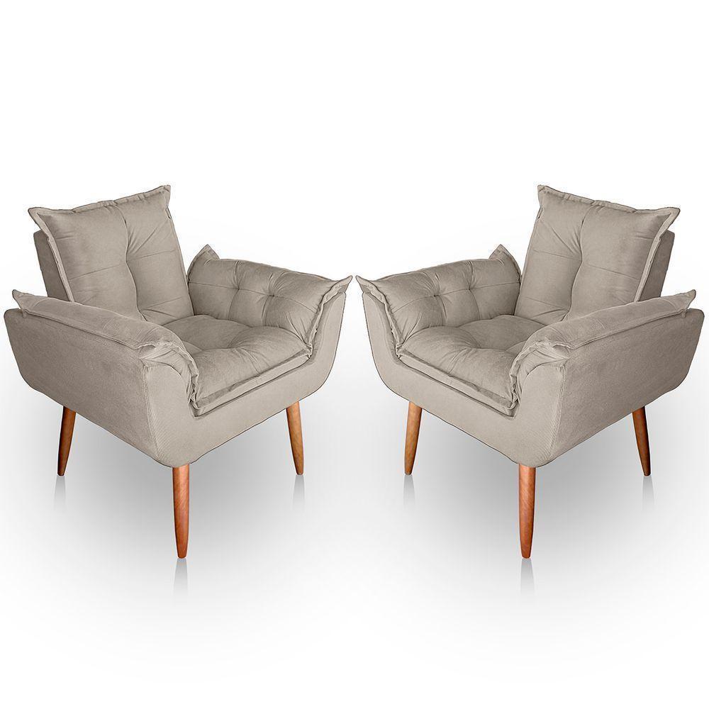 Kit 02 Poltrona Para Sala E Quarto Decorativa Opala Suede Cor Bege - 1