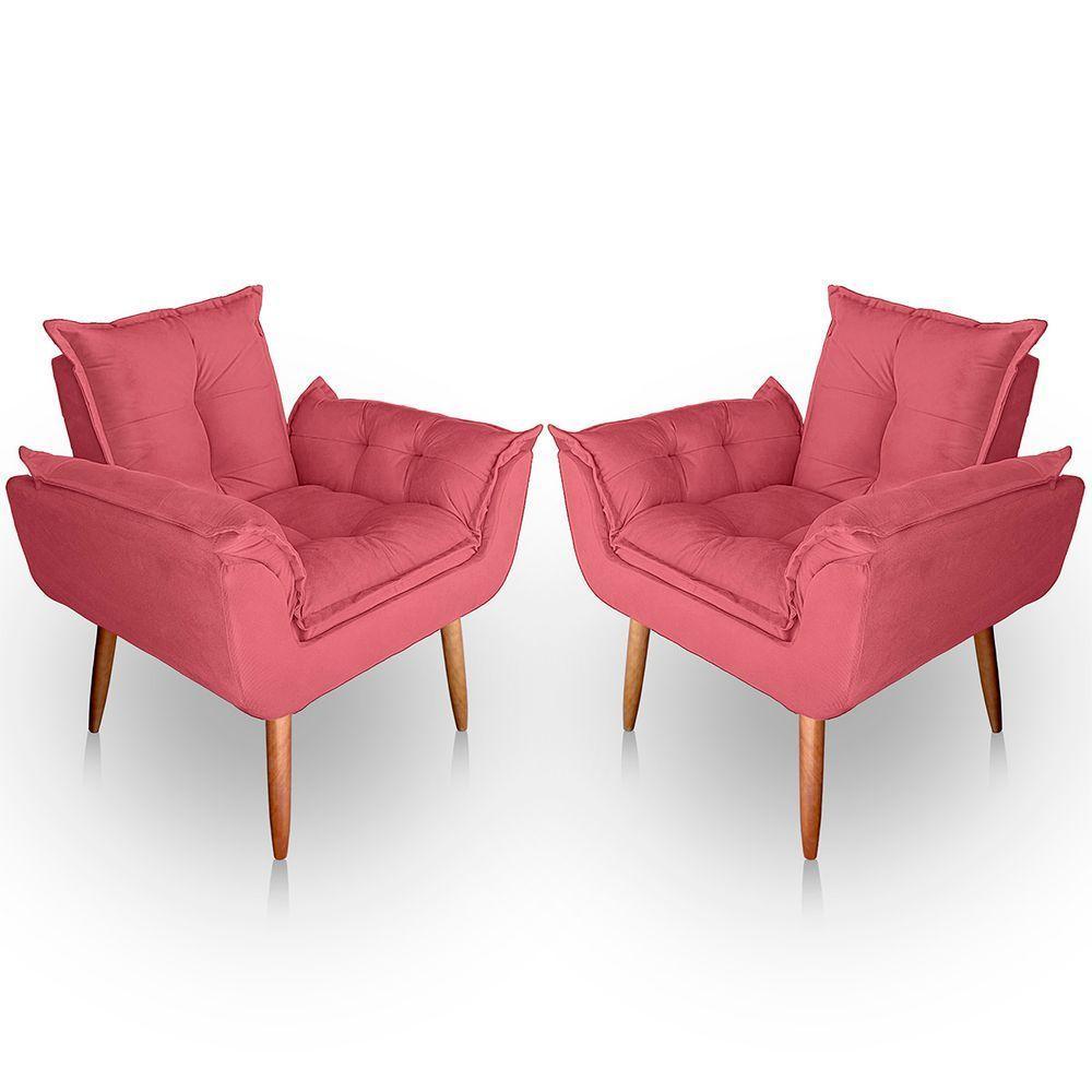 Kit 02 Poltrona Para Sala E Quarto Decorativa Opala Suede Cor Rosa - 1