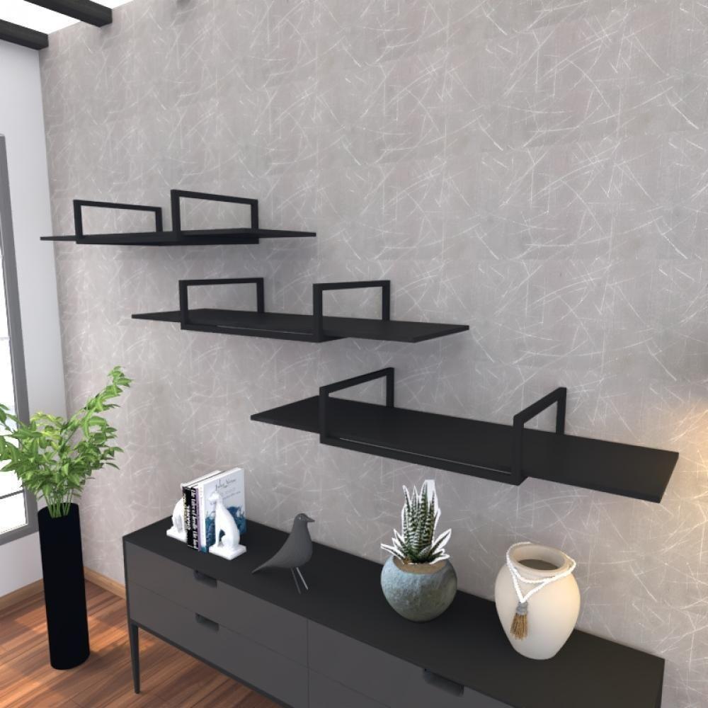 Kit Com 3 Prateleira Industrial Suspensa Parede Nicho Preta Cozinha Escritorio Sala Quarto Infantil - 1