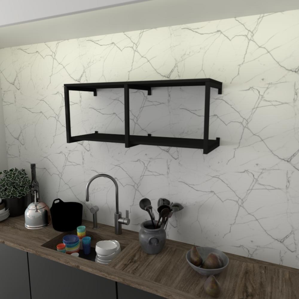 Prateleira Industrial Suspensa Estante Parede Nicho Preto Ferro E Madeira Suporte Pratileira - 1