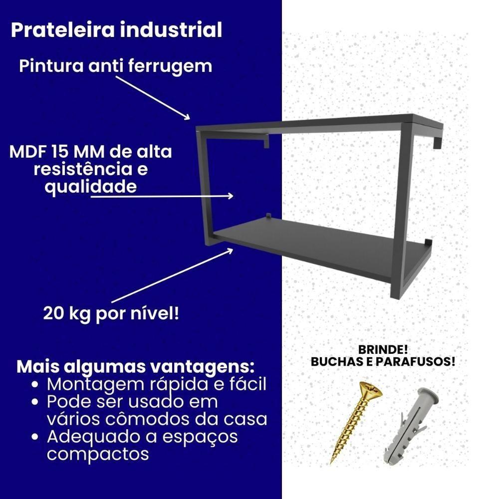 Prateleira Industrial Suspensa Estante Parede Nicho Preto Ferro E Madeira Suporte Pratileira - 3