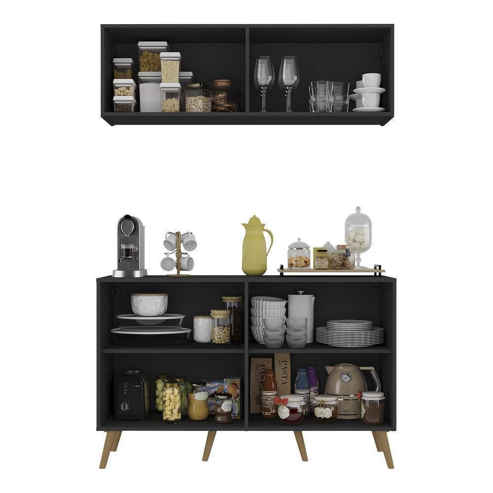 Conjunto Cantinho Do Café Retrô Armário E Aparador 4 Portas Multimóveis Mp1084 Preto/natural - 3