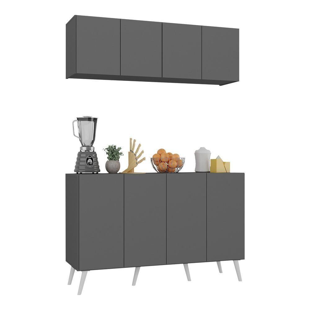 Kit Armário De Cozinha Aéreo E Balcão 4 Portas Retrô Multimóveis Mp2170 Grafite/branco - 1