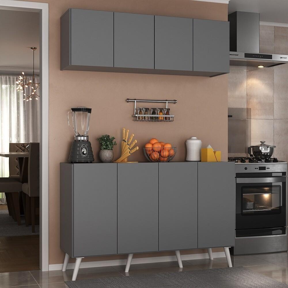 Kit Armário De Cozinha Aéreo E Balcão 4 Portas Retrô Multimóveis Mp2170 Grafite/branco - 4