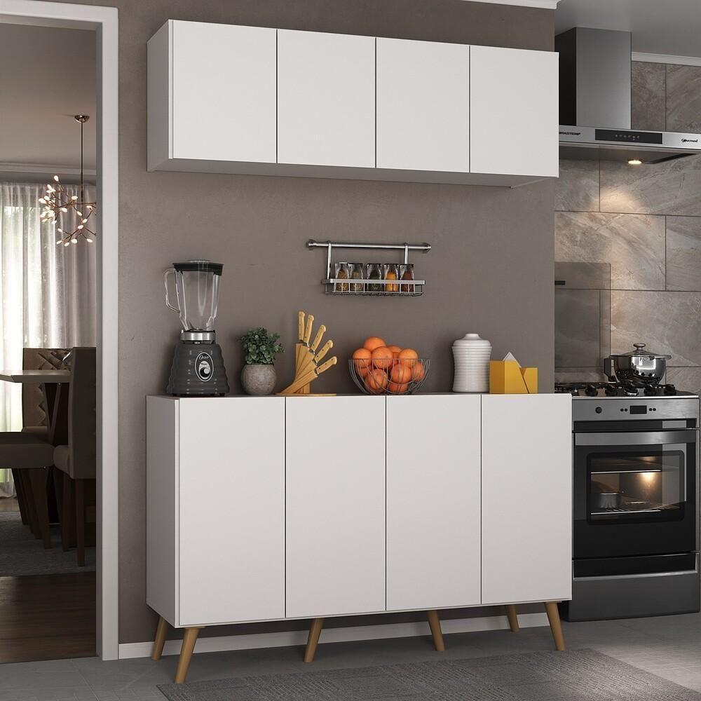 Kit Armário De Cozinha Aéreo E Balcão 4 Portas Retrô Multimóveis Mp2170 Branco/natural - 5
