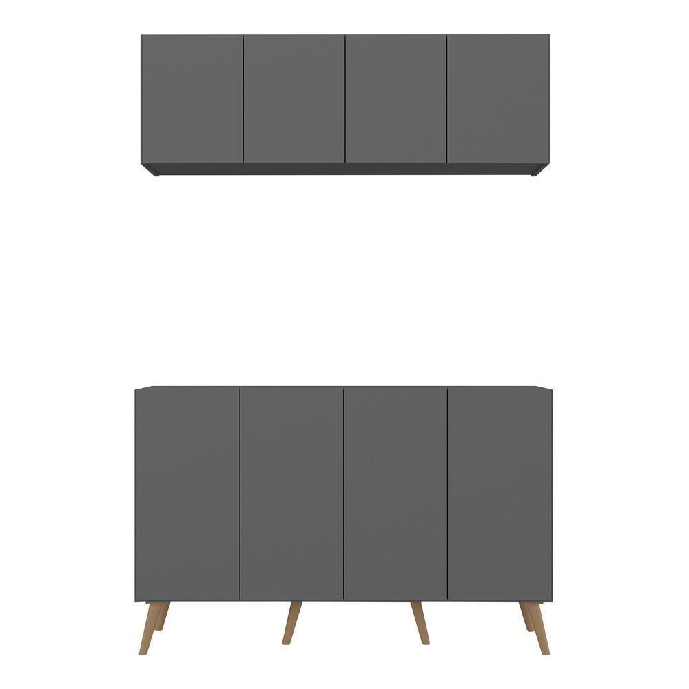 Kit Armário De Cozinha Aéreo E Balcão 4 Portas Retrô Multimóveis Mp2170 Grafite/natural - 4